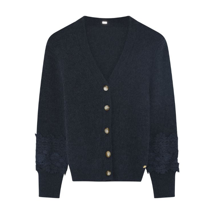 Alpaca blend cardigan met kantapplicatie