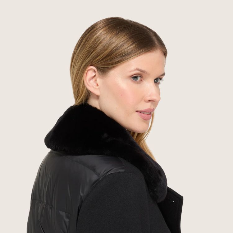 Luxe Lange Zwarte Mantel – Double Breasted met Dons & Afneembare Bontkraag