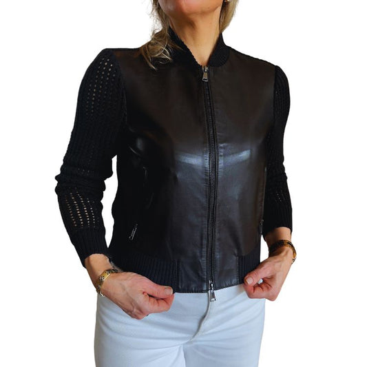 Zwarte Leren Bomber Jacket – Leer & Gebreide Viscose | The Jackie Leathers Italië
