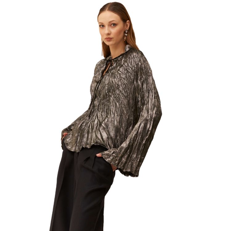 Flared blouse in pleated laminated fabric