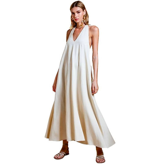 Lange linnen jurk met open schouder