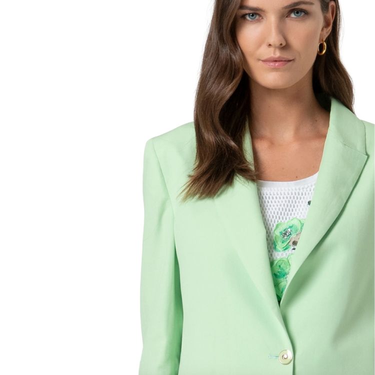 Long blazer jacket regular fit single breasted with metallic logo accessory.