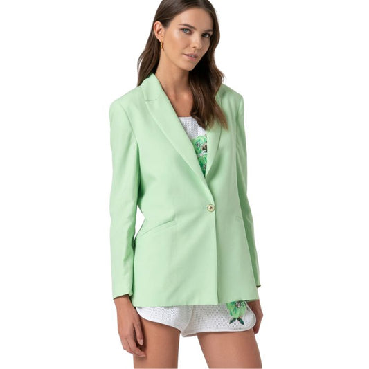 Long blazer jacket regular fit single breasted with metallic logo accessory.