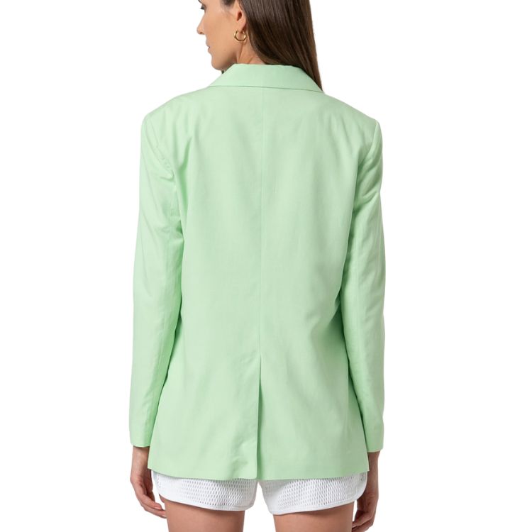 Long blazer jacket regular fit single breasted with metallic logo accessory.