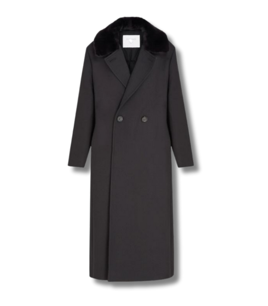 Long Black Wool & Down Coat with Detachable Fur Collar