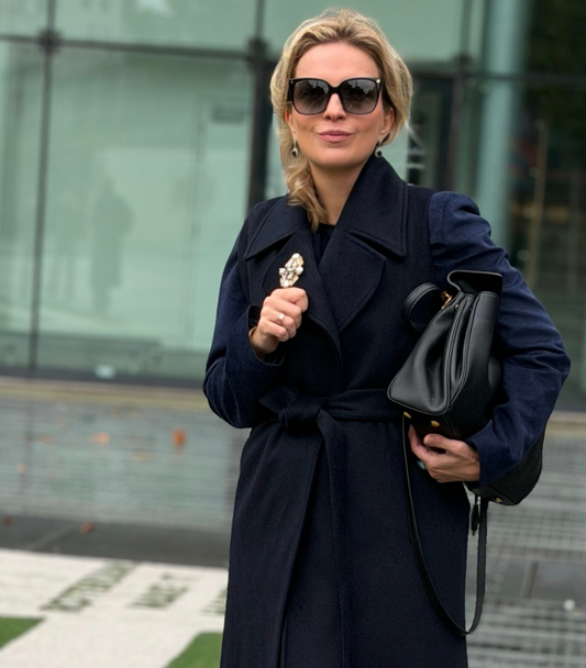 Wool Blend Long Sleeveless Coat with Belt – Navy Blue