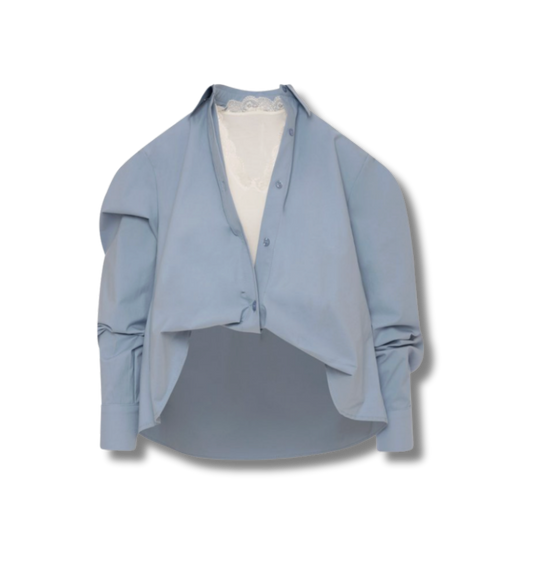 Fracomina Sky Blue Layered Cotton Blouse with Lace Detail