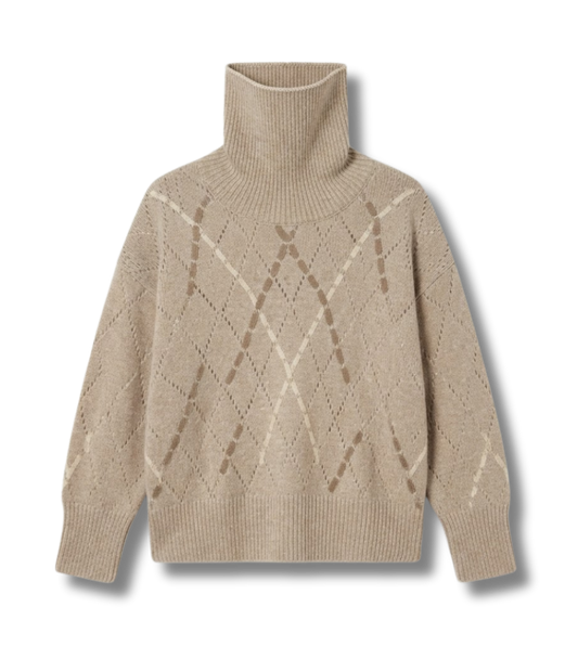 Handcrafted Cashmere Turtleneck with Woven Diamond Detail