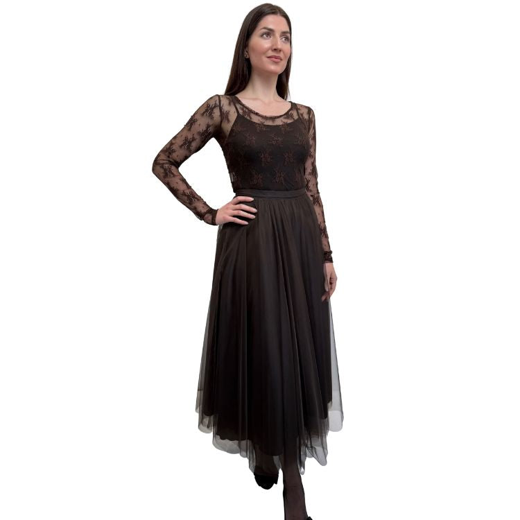 Bruine Tulle Rok Maxi – Chocoladekleurige Feestelijke Elegantie