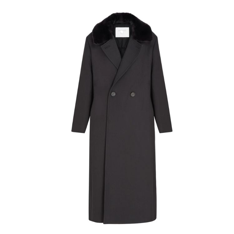 Luxe Lange Zwarte Mantel – Double Breasted met Dons & Afneembare Bontkraag