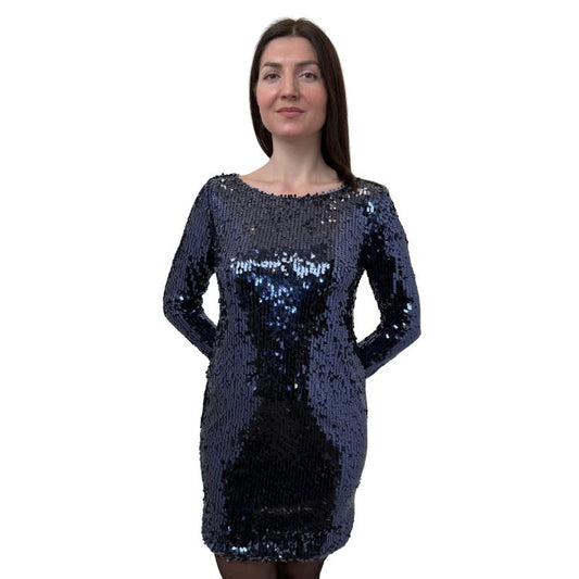 Nachtblauwe pailletten avondjurk met open rug