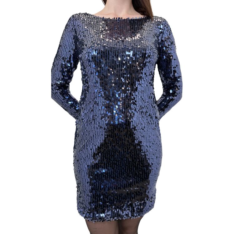 Nachtblauwe pailletten avondjurk met open rug