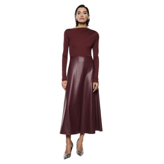Lange Jurk met Faux Leather Rok – Chocoladebruin | Elegante & Casual Luxe Jurk