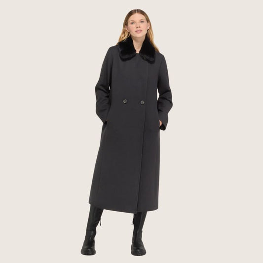 Luxe Lange Zwarte Mantel – Double Breasted met Dons & Afneembare Bontkraag