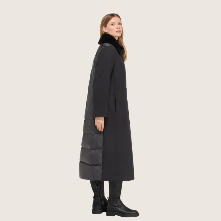 Luxe Lange Zwarte Mantel – Double Breasted met Dons & Afneembare Bontkraag