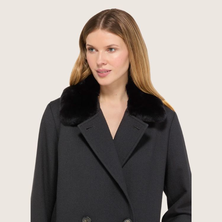 Luxe Lange Zwarte Mantel – Double Breasted met Dons & Afneembare Bontkraag
