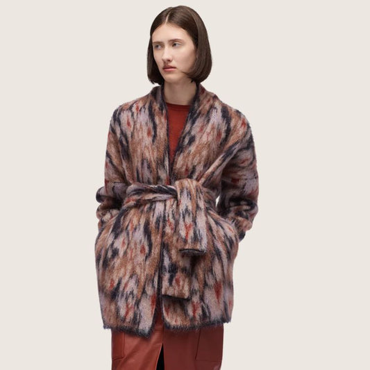 Dames cardigan met ceintuur & bloemenjacquard | Wol & Mohair | Made in Italy