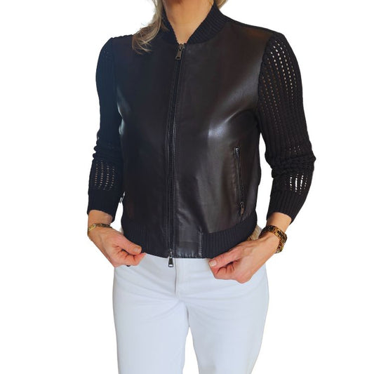 Zwarte Leren Bomber Jacket – Leer & Gebreide Viscose | The Jackie Leathers Italië