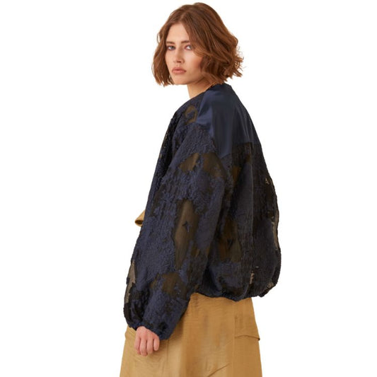 Luxe Bomber Jas Navy – Couture Textuur & Satin Details | Made in Italy