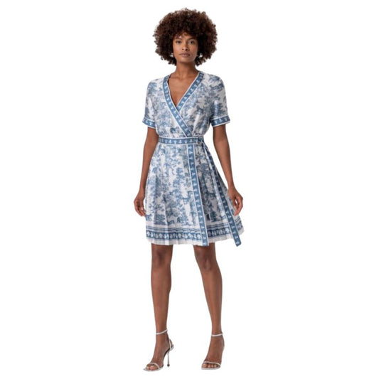 Fracomina Wrap Jurk Kort – Blue White Print met Tailleceintuur