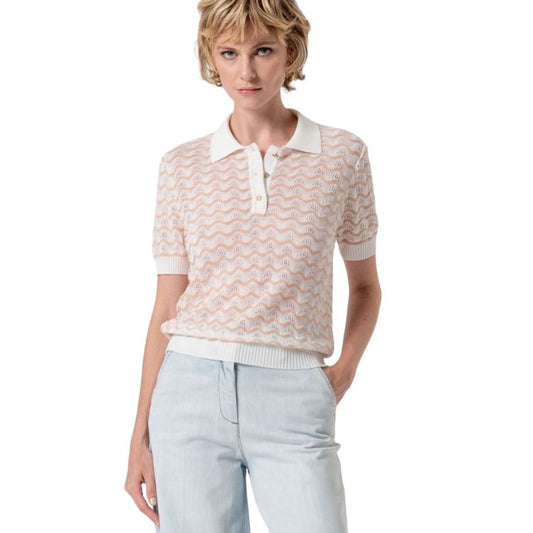 Fracomina Knitted Polo Top – Luxe Tencel Knit met Swarovski Details (White Beige)