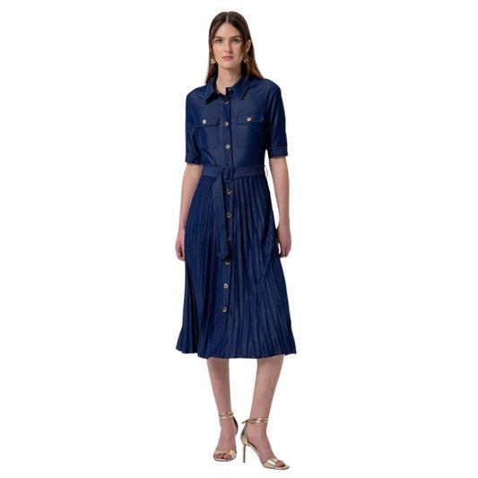 Fracomina Denim Chemisier Jurk met Plissé Rok – Luxe Midi Dress (Dark Blue)