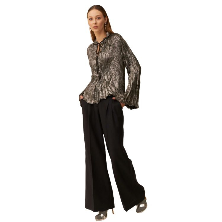 Flared blouse in pleated laminated fabric