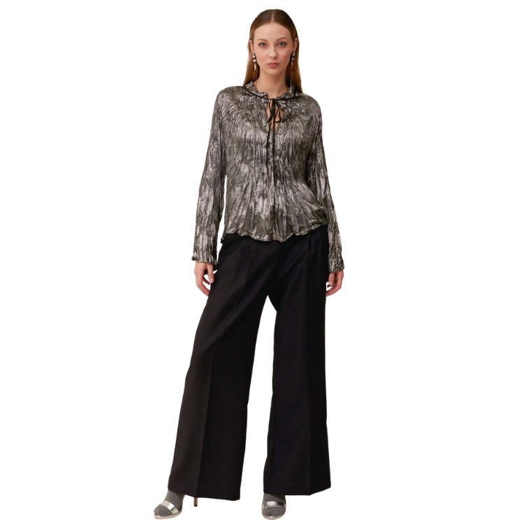Flared blouse in pleated laminated fabric