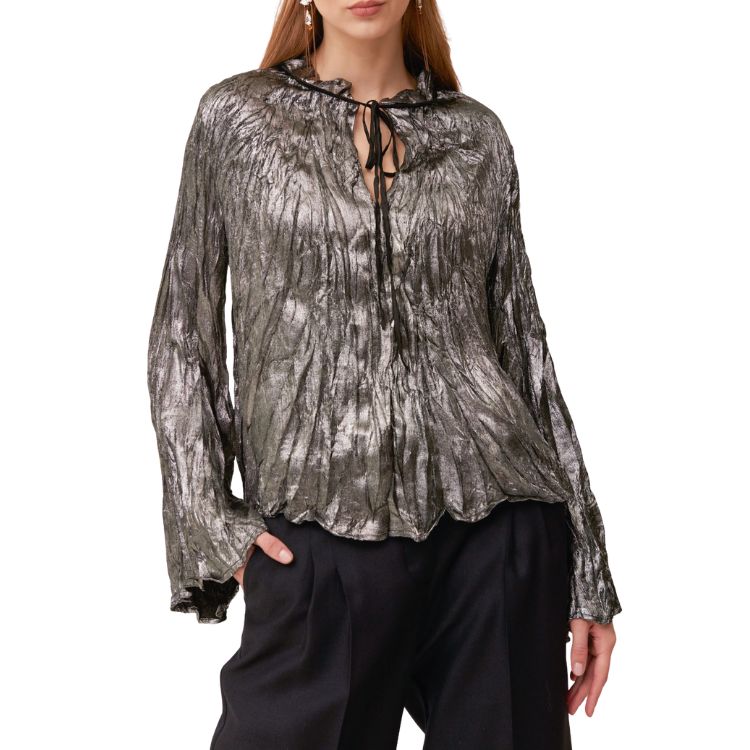 Flared blouse in pleated laminated fabric