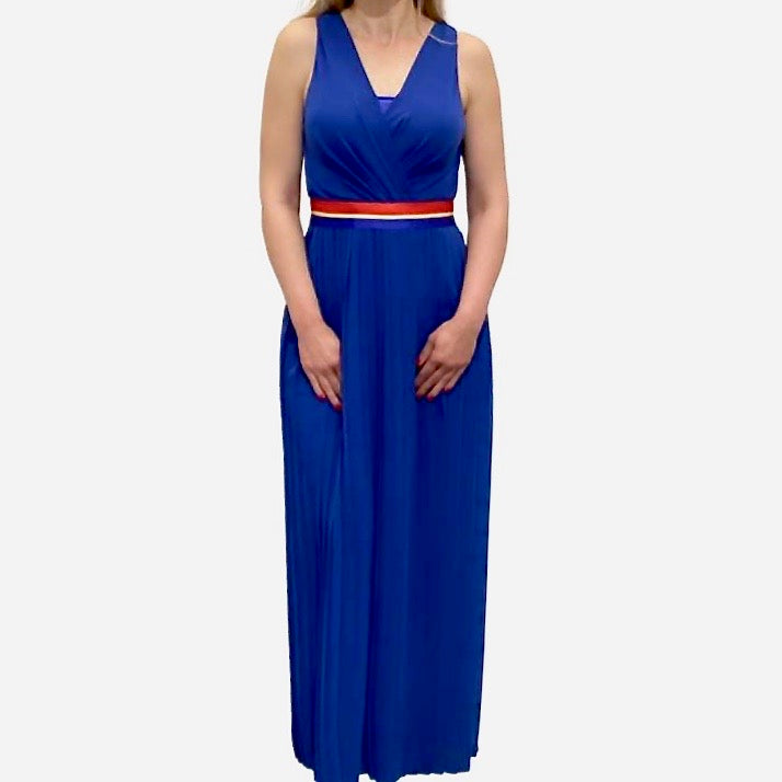 Maxi jurk met plisserok en contrast ceintuur